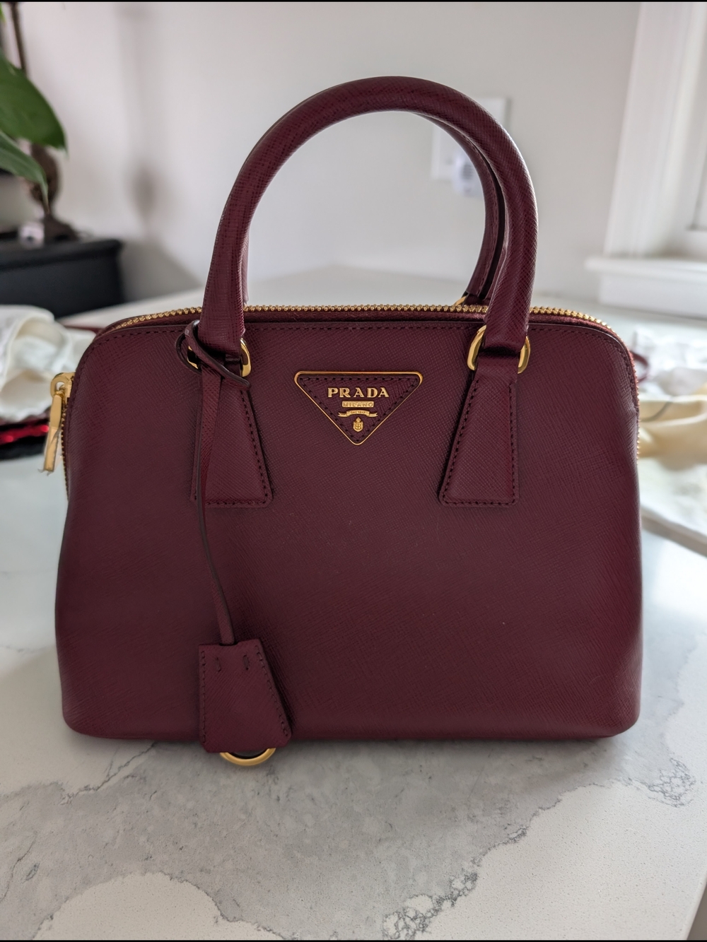 Prada Saffiano Leather Satchel Bag in Burgundy - Picture 3 of 5